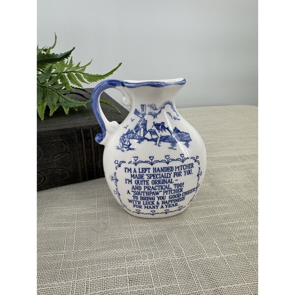 Unbranded Other - Vintage Blue & White Ceramic Left Handed Southpaw Pitcher Oregon Dutch Windmill